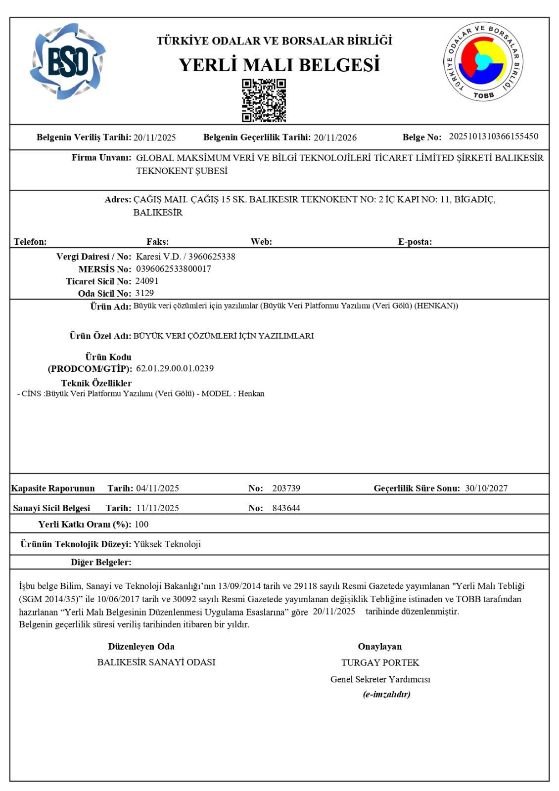 We are proud to announce that one of our Balıkesir Technopark companies, Global Maksimum Data and Information Technologies Ltd., has been awarded the Domestic Goods Certificate issued by the Union of Chambers and Commodity Exchanges of Türkiye (TOBB).